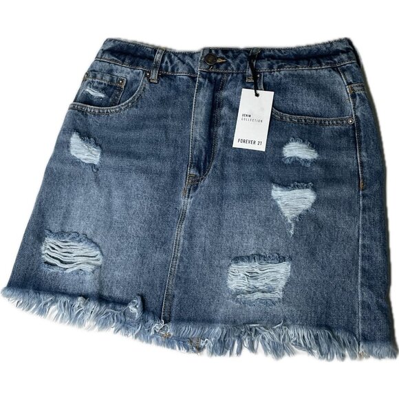 Forever 21 Blue Denim Mini Skirt Distressed Y2K S 26 NWT - Picture 2 of 6